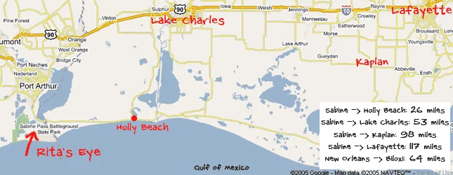 Map showing Holly Beach, Kaplan, and Lake Charles in relation to Hurricane Rita