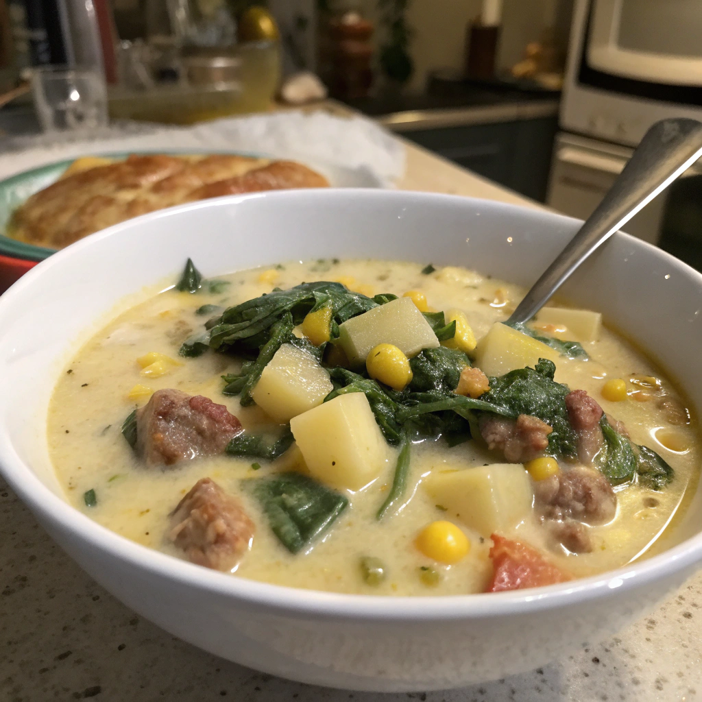 Cheesy Potato, Spinach & Sausage Soup