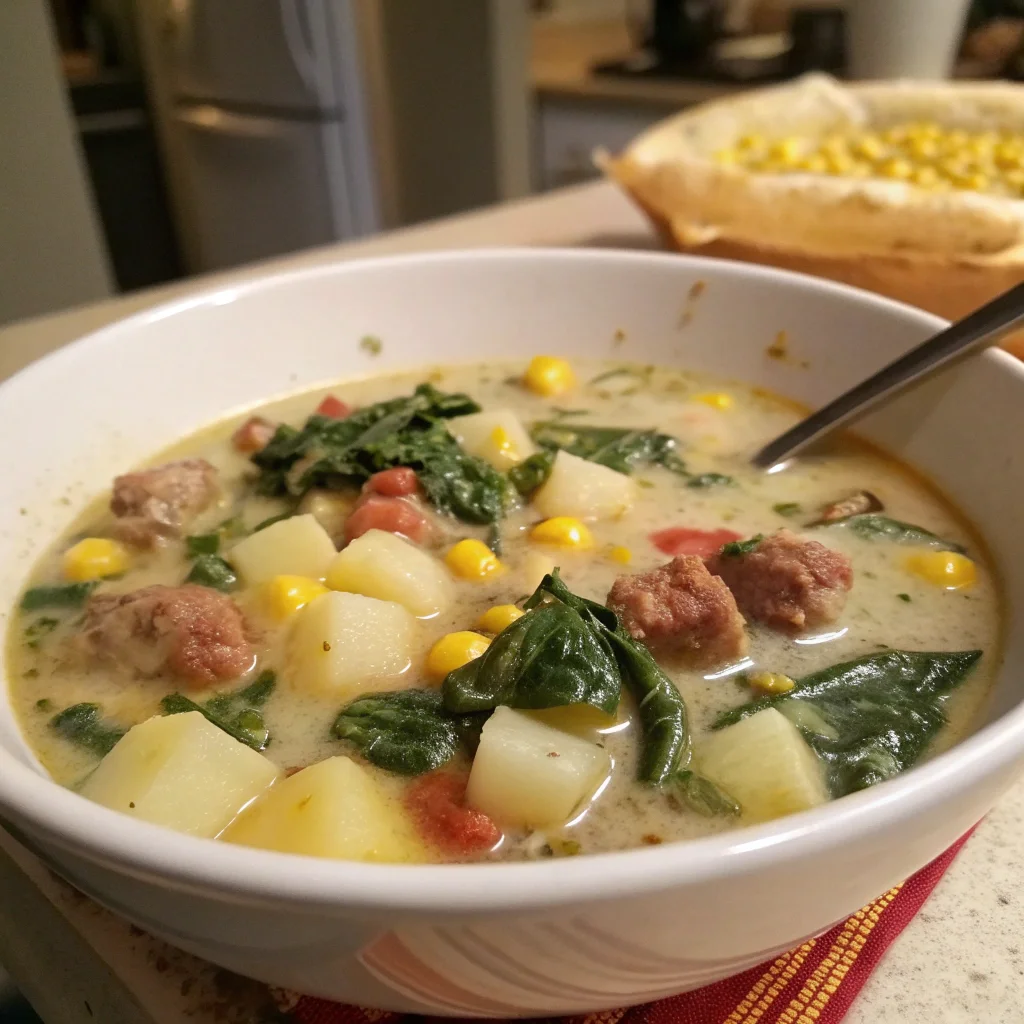 Cheesy Potato, Spinach & Sausage Soup