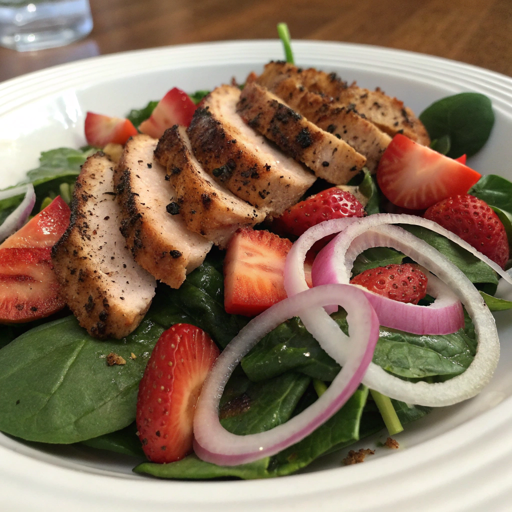 Le Poulet noirci avec les Fraises et les Epinards (Blackened Chicken with Strawberries and Spinach)